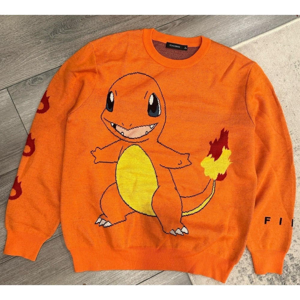 PEACEBIRD Pokemon Charmander Wool Blend Vintage Style Sweater Mens M Orange